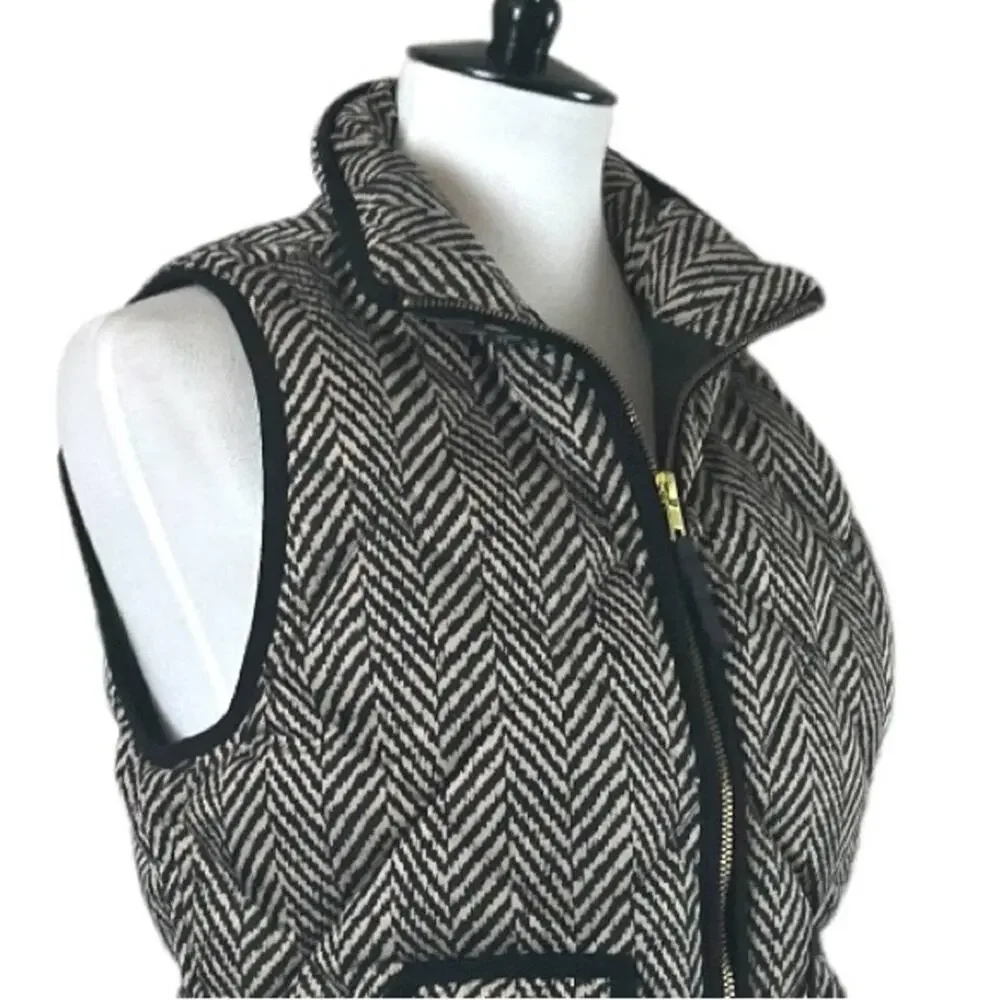 J.Crew Vest Down Filled Quilted Puffer Herringbone Black Tan Women’s Size Small